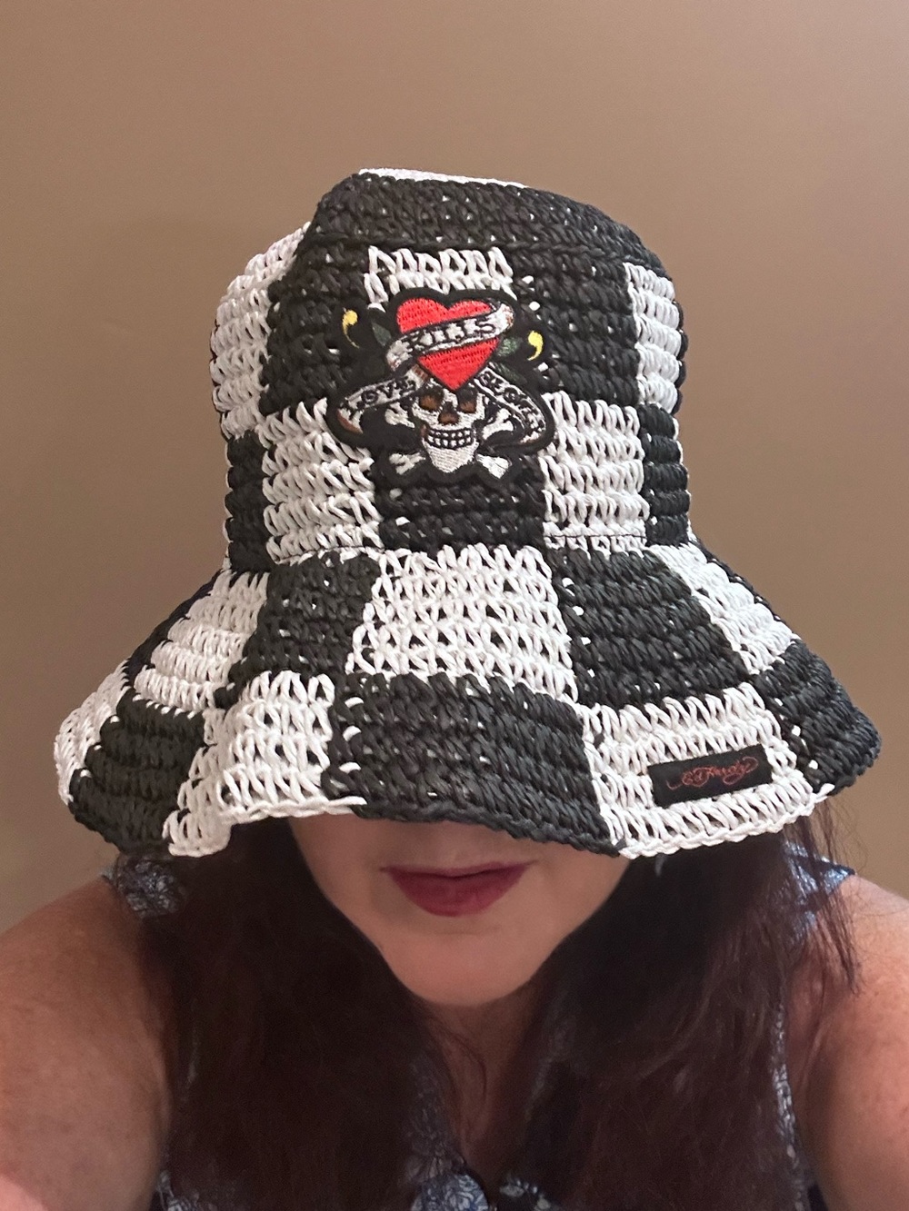Ed Hardy NWT Crocheted Paper Straw Black White Checked Bucket Hat Love Kills